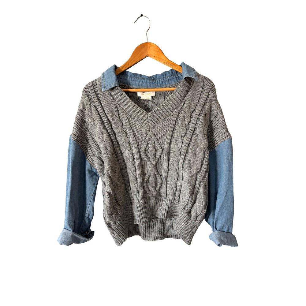 Cocobleu‎ Grey Cable Knit Denim Mixed Media Layered Sweater Top Womens Medium